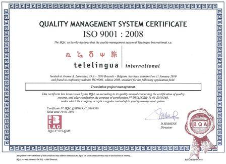 Telelingua International behaalt certificaat ISO 9001:2008